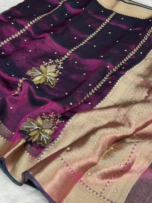 Wine Pure Banarasi Tissue Handloom Saree - Handwork