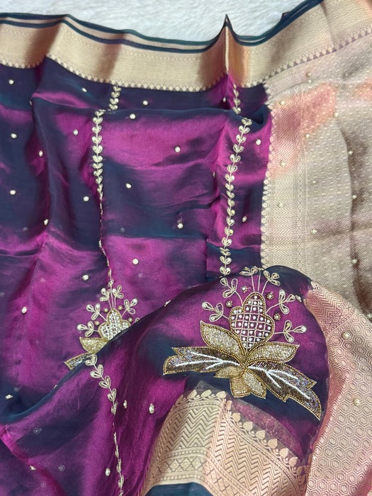 Wine Pure Banarasi Tissue Handloom Saree - Handwork