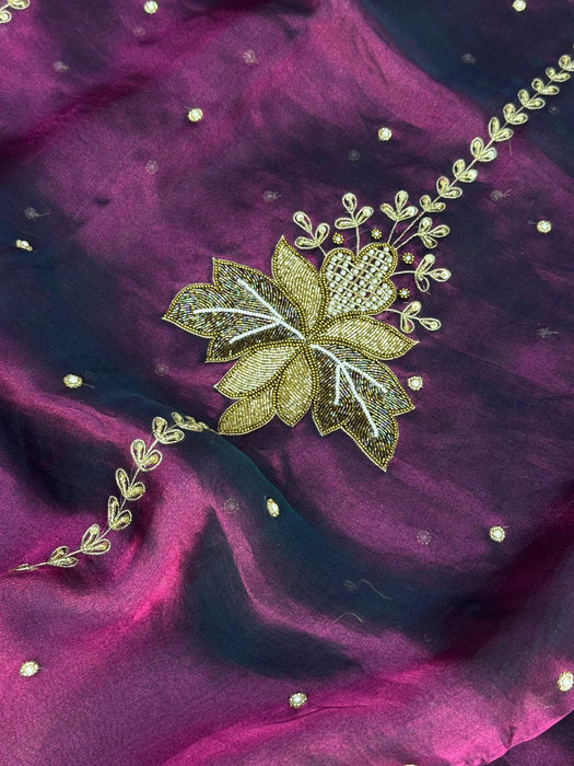 Wine Pure Banarasi Tissue Handloom Saree - Handwork