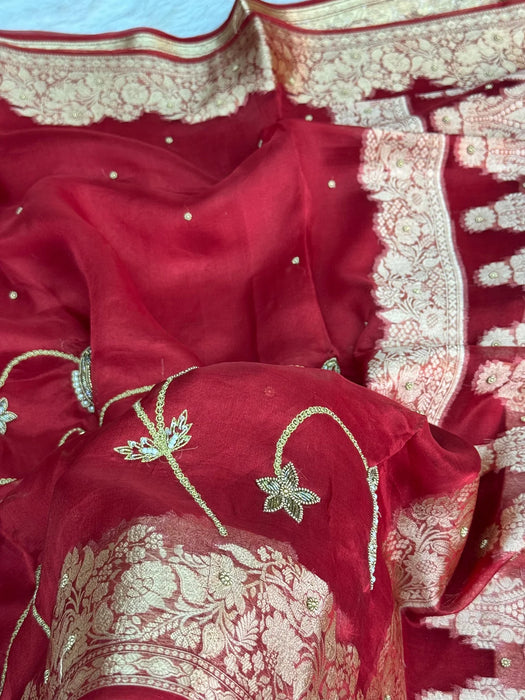 Red Pure Banarasi Tissue Handloom Saree - Handwork Jaal