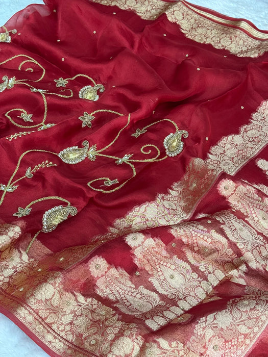 Red Pure Banarasi Tissue Handloom Saree - Handwork Jaal