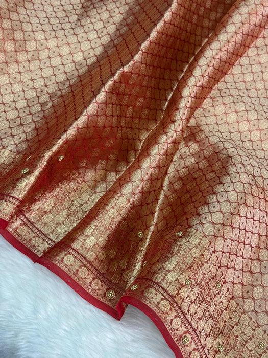 Red Pure Banarasi Tissue Handloom Saree - Handwork Jaal