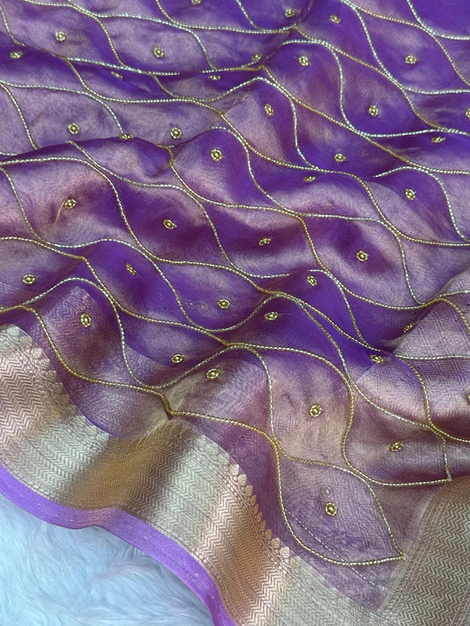 Lavender Pure Banarasi Tissue Handloom Saree - Handwork Jaal