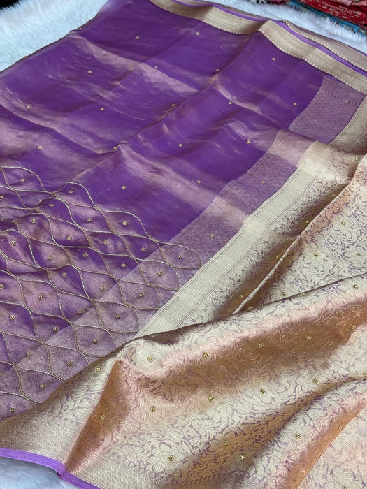 Lavender Pure Banarasi Tissue Handloom Saree - Handwork Jaal