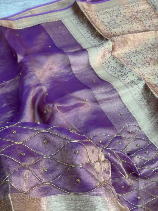 Lavender Pure Banarasi Tissue Handloom Saree - Handwork Jaal