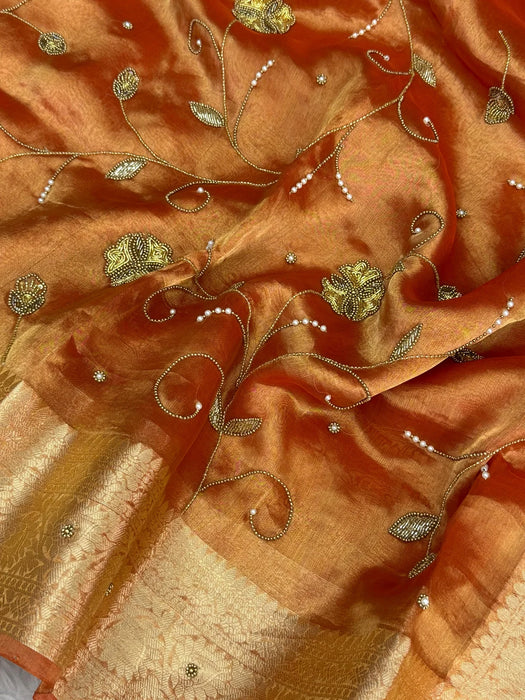 Pure Banarasi Tissue Handloom Saree - Handwork Jaal