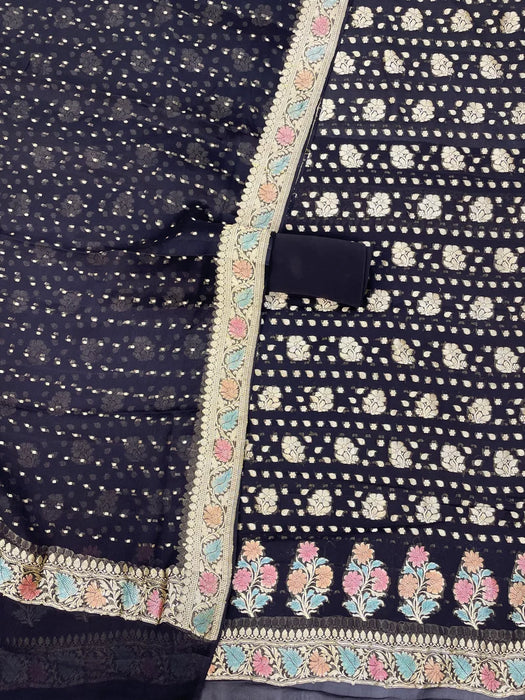 Black Pure Khaddi Georgette Banarasi Suit - Handfilled Meenakari
