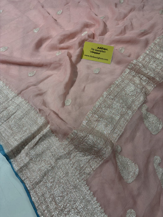 Pink Pure Kadhwa Chiffon Georgette Banarasi Saree - Silver Zari