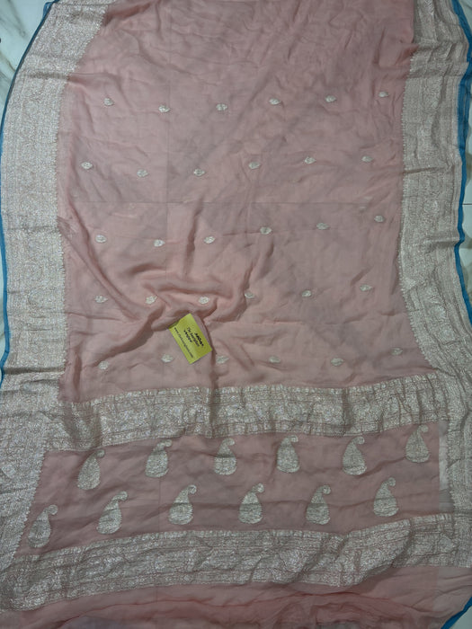 Pink Pure Kadhwa Chiffon Georgette Banarasi Saree - Silver Zari