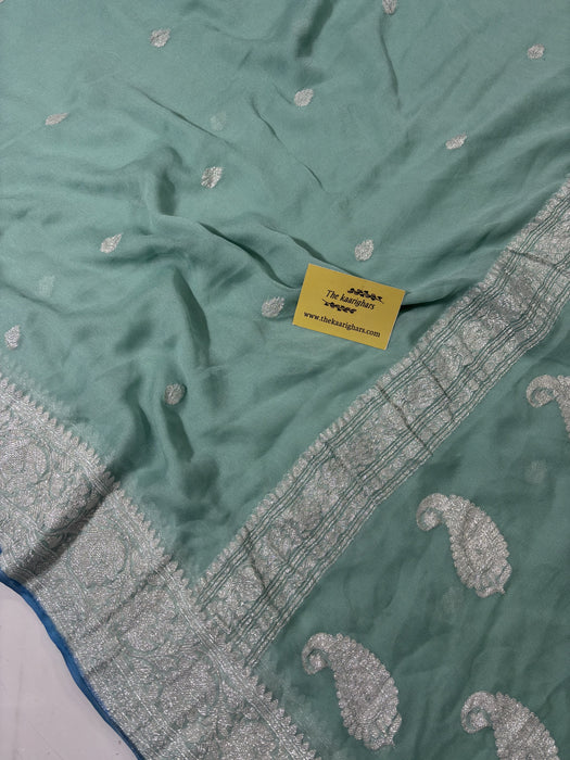 Glacier Blue Pure Kadhwa Chiffon Georgette Banarasi Saree - Silver Zari