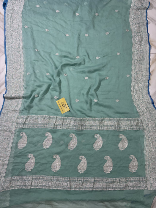 Glacier Blue Pure Kadhwa Chiffon Georgette Banarasi Saree - Silver Zari