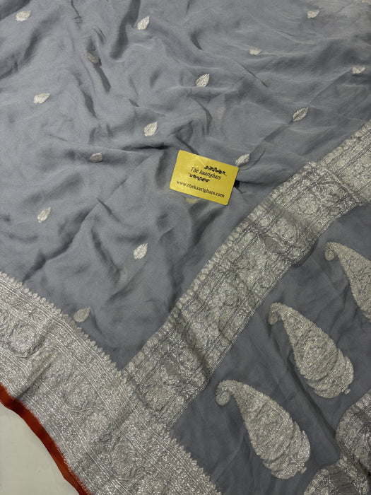 Gray Pure Kadhwa Chiffon  Banarasi Saree - Silver Zari