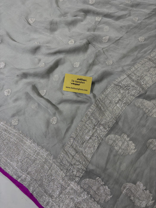 Gray Pure Kadhwa Chiffon Georgette Banarasi Saree