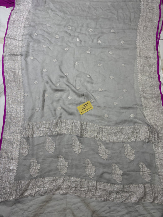 Gray Pure Kadhwa Chiffon Georgette Banarasi Saree