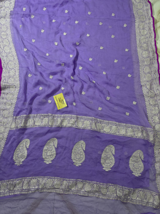 Dirty Lavender Pure Kadhwa Chiffon Georgette Banarasi Saree - Silver Zari