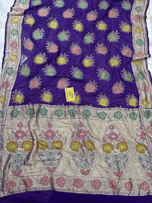 Purple Khaddi Georgette Banarasi Handloom Saree - Meenakari