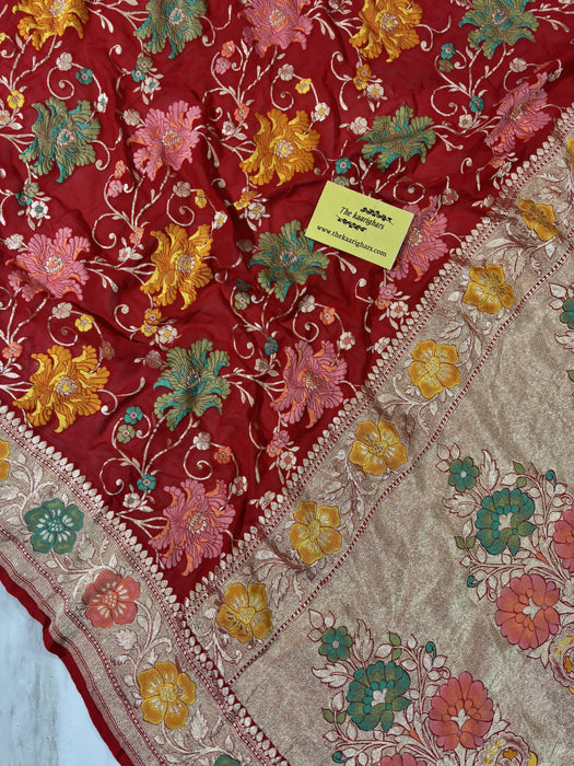 Red Khaddi Georgette Banarasi Handloom Saree - Meenakari