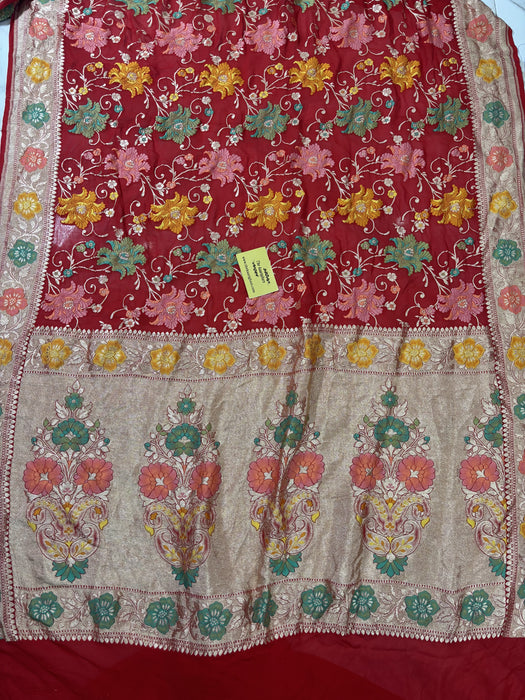 Red Khaddi Georgette Banarasi Handloom Saree - Meenakari