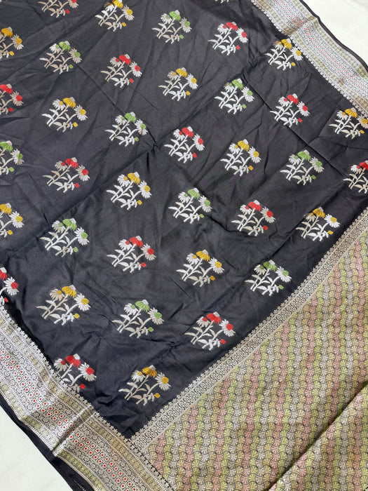 Black Pure Silk Banarasi Handloom Saree - Meenakari