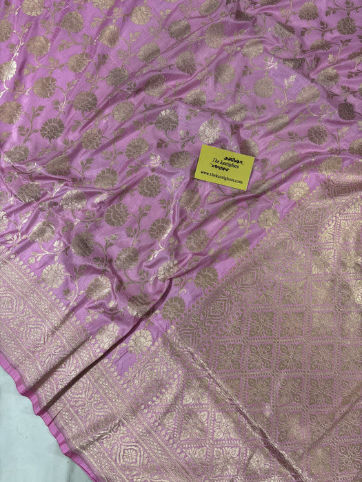 German Pink Pure Katan Silk Banarasi Handloom Saree - Sona Jaal Work