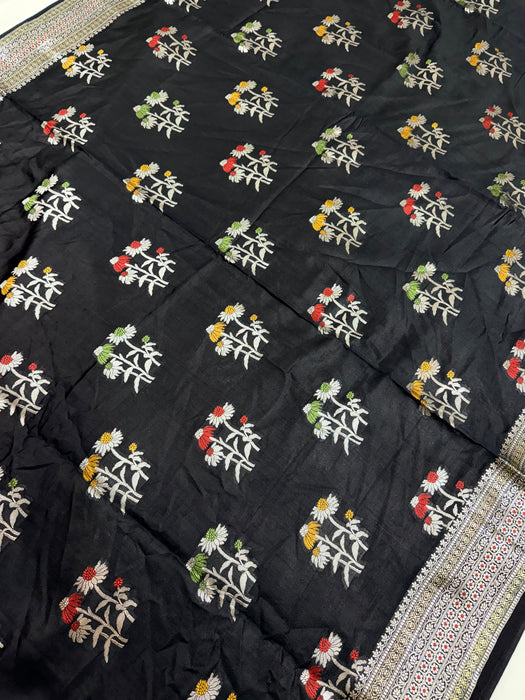 Black Pure Silk Banarasi Handloom Saree - Meenakari
