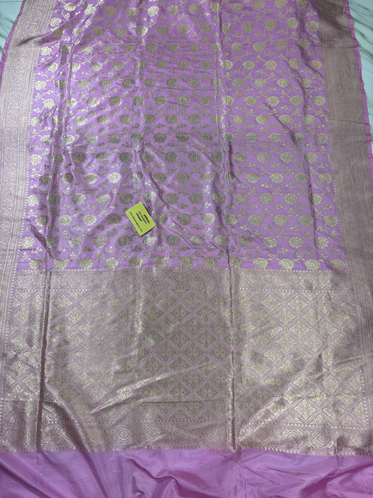 German Pink Pure Katan Silk Banarasi Handloom Saree - Sona Jaal Work