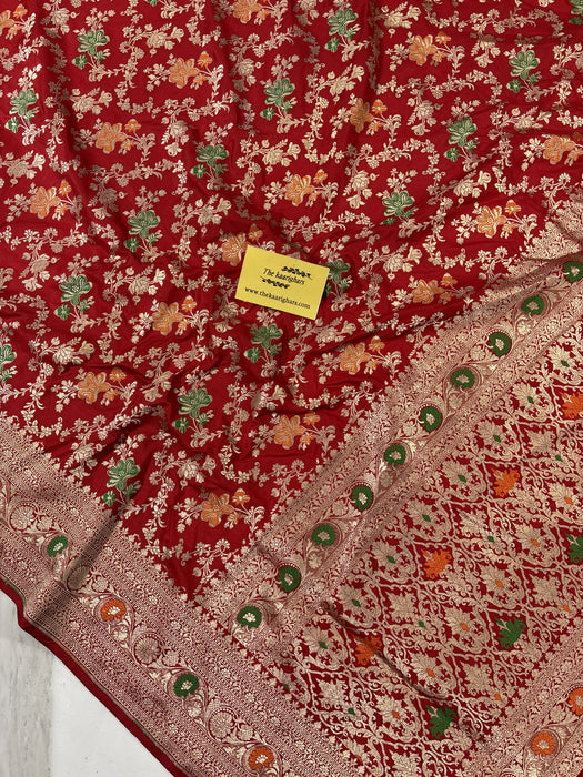 Blood Red Pure Katan Banarasi Handloom Saree - Meenakari Jaal Work