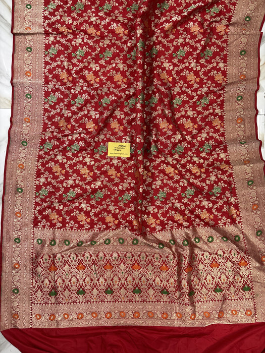 Blood Red Pure Katan Banarasi Handloom Saree - Meenakari Jaal Work