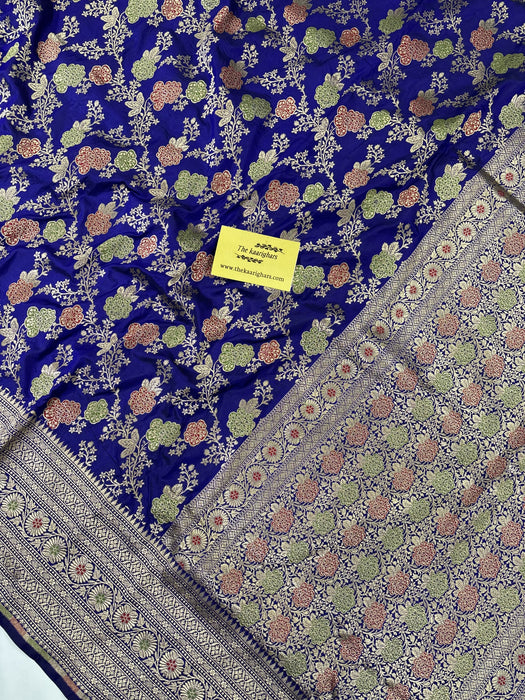 Spanish Blue Pure Katan Banarasi Handloom Saree - Meenakari Jaal Work