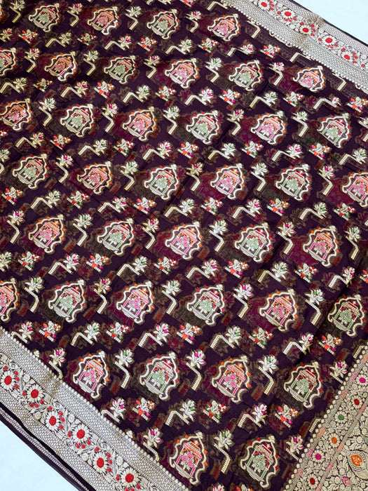 Brown Pure Khaddi Chiffon Banarasi Saree - Meenakari Work