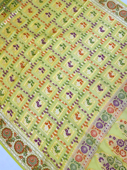 Yellow Pure Khaddi Chiffon Banarasi Saree - Meenakari Work