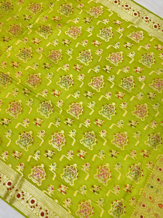 Hazel Green Pure Khaddi Chiffon Banarasi Saree - Meenakari Work