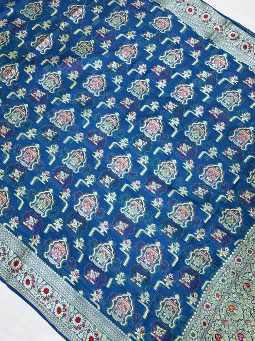 German Blue Pure Khaddi Chiffon Banarasi Saree - Meenakari Work