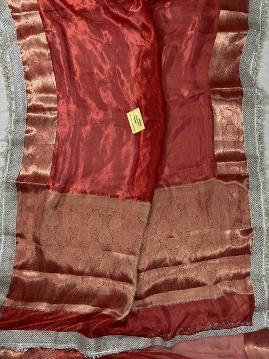 Red Pure Banarasi Tissue Handloom Saree - Designer Reshmi Zari