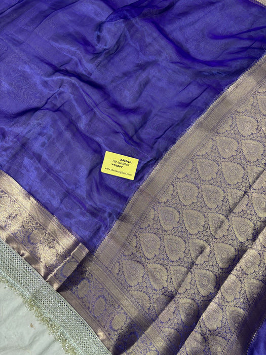 Navy Blue Pure Banarasi Tissue Handloom Saree - Designer Reshmi Zari