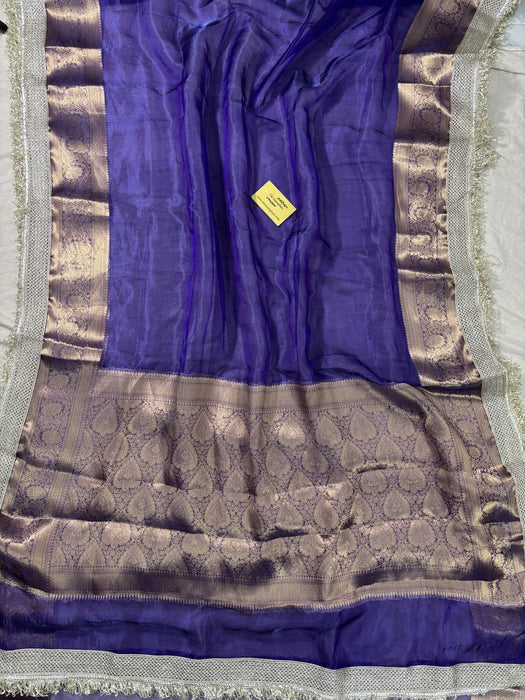 Navy Blue Pure Banarasi Tissue Handloom Saree - Designer Reshmi Zari