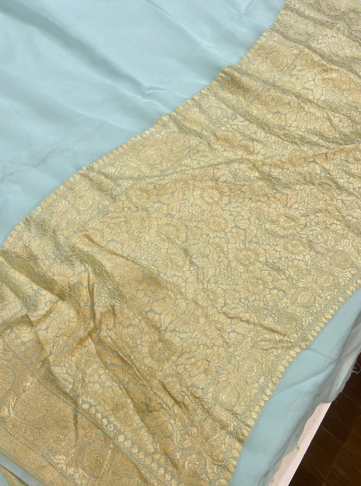 Cloudy Blue Pure Khaddi Georgette Banarasi Saree - Water zari