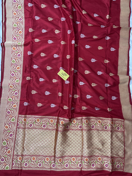 Red Pure Katan Banarasi Handloom Saree -  Paithani Sona Roopa Meenakari
