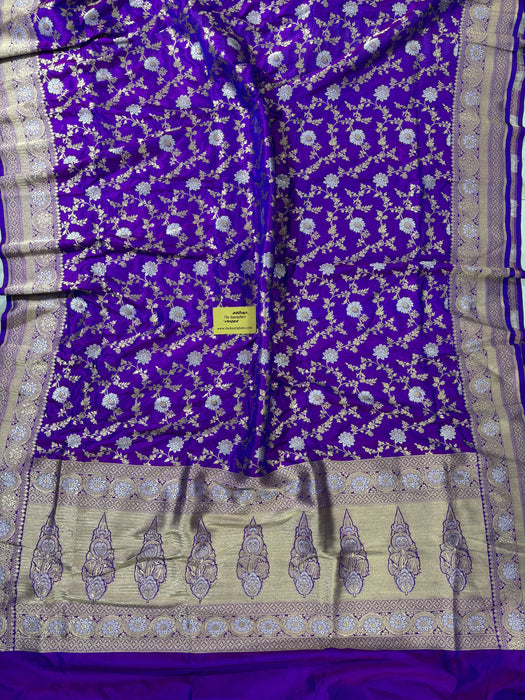 Purple Pure Katan Banarasi Handloom Saree - Sona Roopa Jaal Work