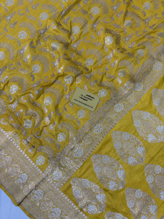 Yellow Pure Katan Banarasi Handloom Saree - Sona Roopa Jaal Work