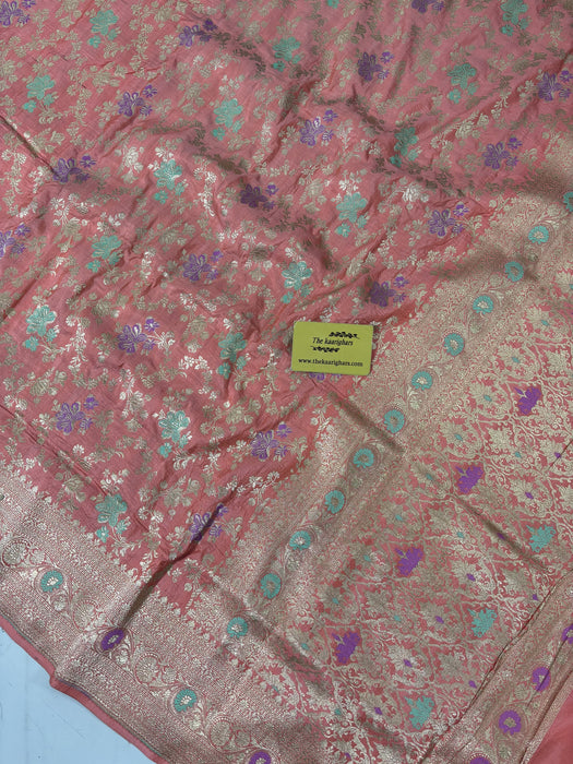 Peach Pure Katan Banarasi Handloom Saree - Meenakari Jangla
