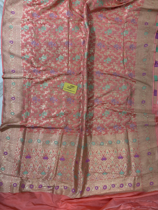Peach Pure Katan Banarasi Handloom Saree - Meenakari Jangla