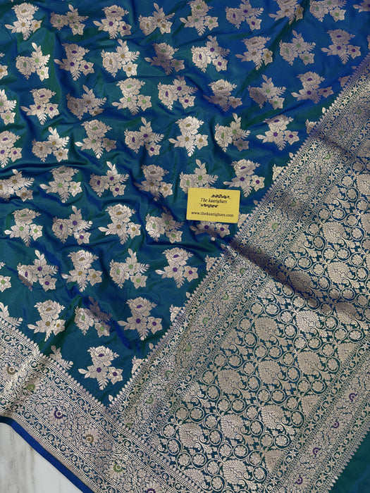 German Blue Pure Katan Banarasi Handloom Saree - Tilfi Meenakari Work