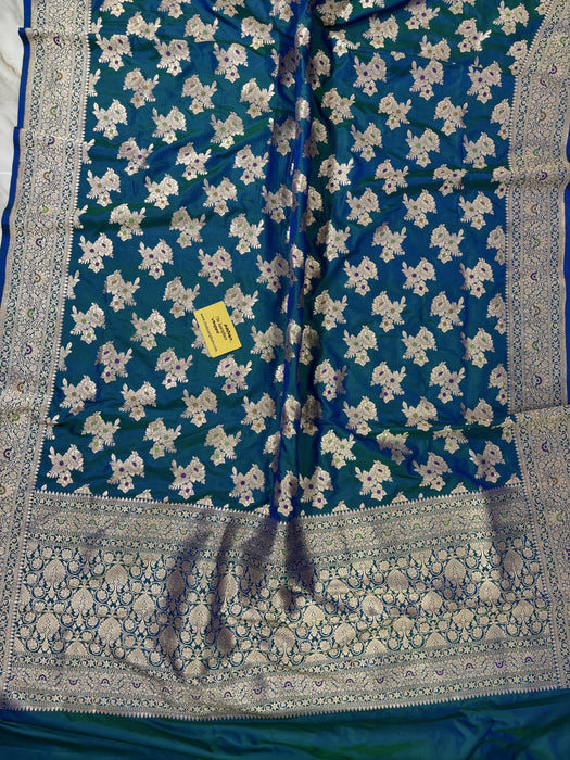 German Blue Pure Katan Banarasi Handloom Saree - Tilfi Meenakari Work