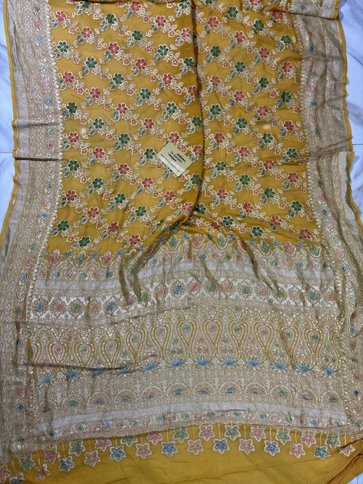 Hot Yellow Pure Khaddi Georgette Banarasi Handloom Saree - Hand Meenakari