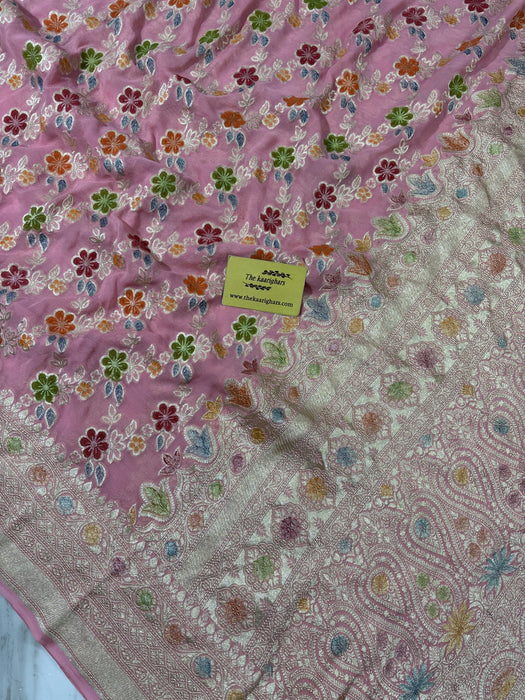 Pink Pure Khaddi Georgette Banarasi Handloom Saree - Hand Meenakari