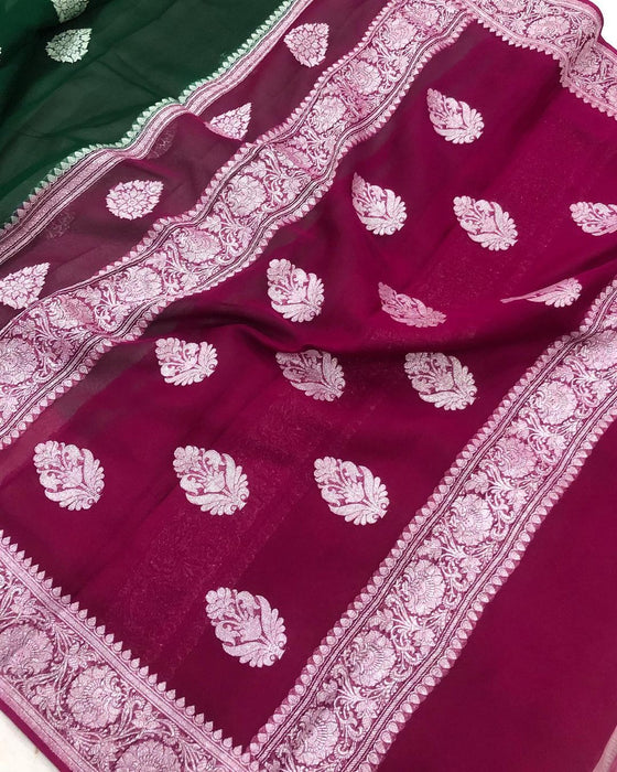 Rani & Green Pure Khaddi Georgette Banarasi Handloom Saree - Silver Zari