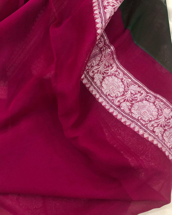 Rani & Green Pure Khaddi Georgette Banarasi Handloom Saree - Silver Zari