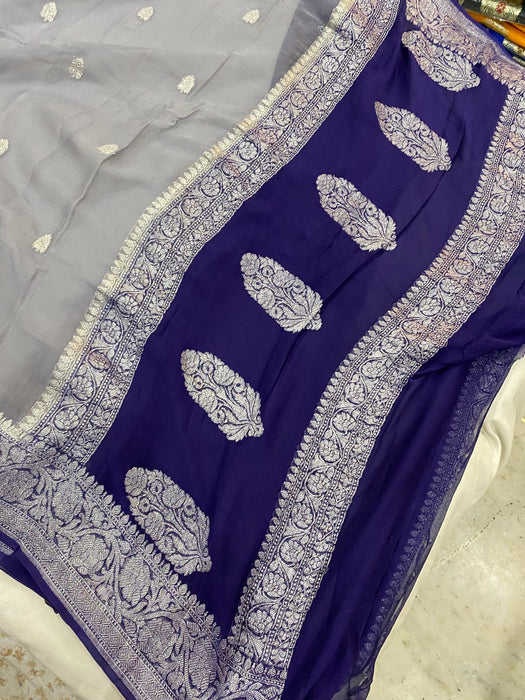 Gray & Navy Pure Kadhwa Chiffon Georgette Banarasi Saree - Silver Zari
