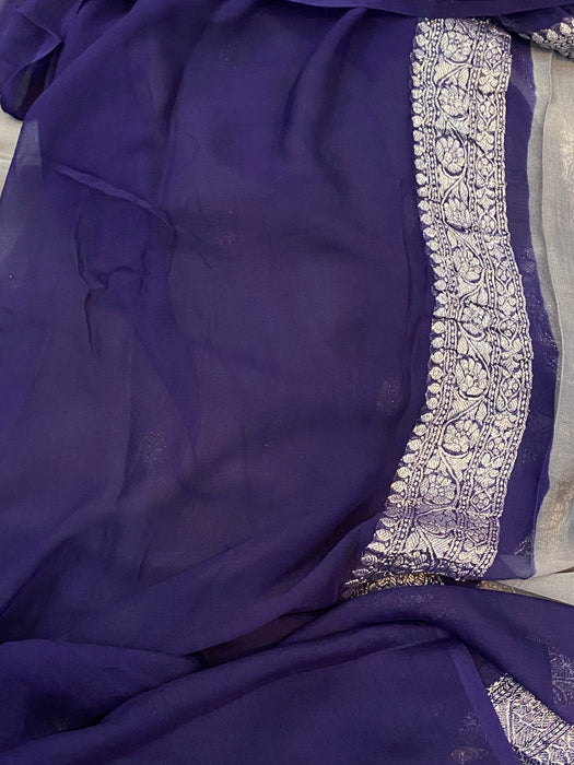 Gray & Navy Pure Kadhwa Chiffon Georgette Banarasi Saree - Silver Zari